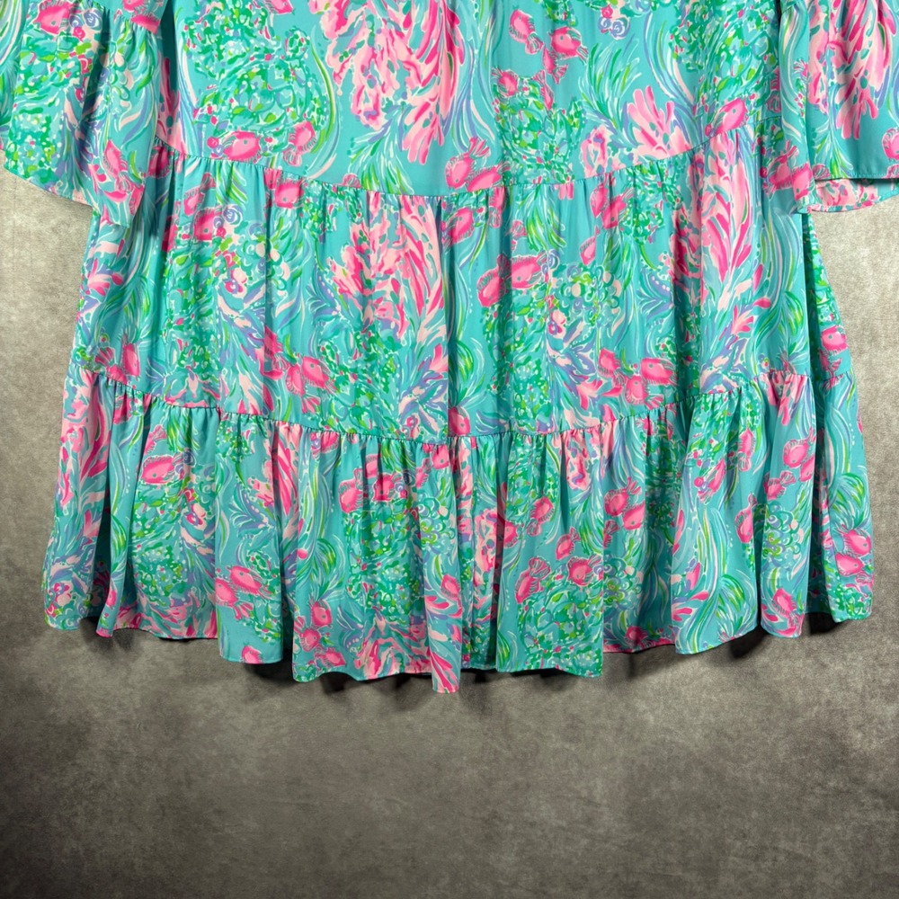 Lilly Pulitzer Gabriel Dress Womens 14 Blue Green Floral Tiered Ruffle Resort - Picture 3 of 10